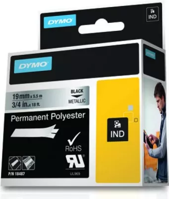 Shirit etiketas Dymo 18487 poliester i metalizuar ngjitës përhershëm 19mm x 5.5m, i zi në metalik