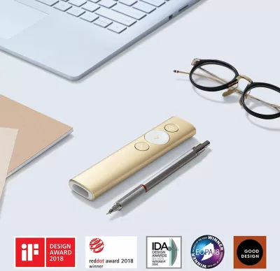 Telekomandë prezantimi Logitech Spotlight 910-004862, rreze 30 m, Bluetooth/USB receiver, karikim USB-C, me kasë, gold