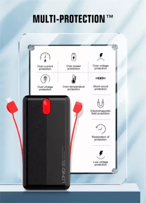 Power bank LDNIO PQ13 10000mAh 22.5W me kabllo të integruara USB-C + Lightning (1C1L) dhe 1x USB-A, e bardhë