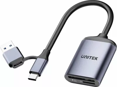 Lexues kartelash Unitek SD4.0/Micro SD4.0 2-në-1, USB-C/USB-A, deri 321 MB/s, gri