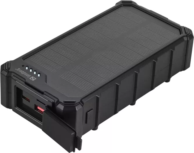 Powerbank SANDBERG Solar Powerbank CampLED 20000 20000mAh (74Wh), 2x USB-C + 1x USB-A, PD/PPS/SCP, IP65, me dritë kampingu 200lm, i zi