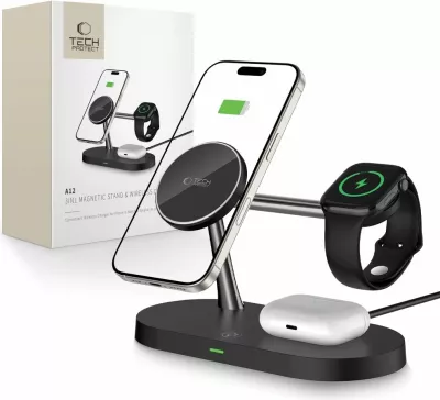 Karikues induktiv 3-në-1 Tech-Protect A12 me MagSafe, për smartphone/kufje/smartwatch, i zi