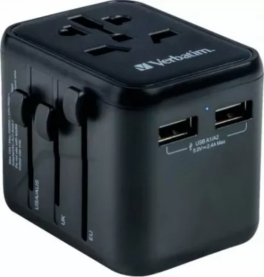 Adapter udhëtimi universal Verbatim UTA-01, 2x USB-A, 100-250V, 180+ shtete, i zi