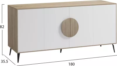 Komodë SAVORE, sonama/e bardhë, këmbë metalike të zeza, 180x35.5x82cm