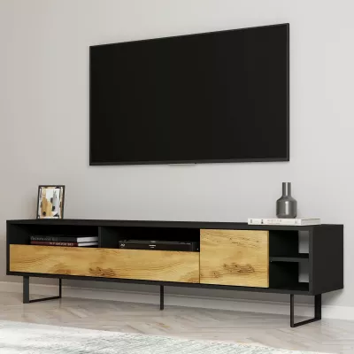 Komodinë TV Skye Decor, ngjyrë e zezë dhe lis, Luga