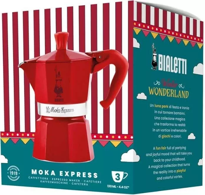 Moka Bialetti Moka Express Winter Wonderland, 3 filxhanë, 140 ml, Kuqe, Argjendtë