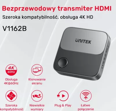 Transmetues HDMI pa tel Unitek V1162B01 4K@60Hz Wi‑Fi 2.4/5GHz rreze 8m, zi-gri, set me kabllo