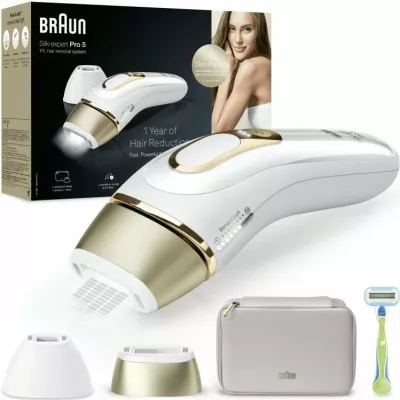 pajisje IPL për heqje qimesh Braun Silk-expert Pro 5 PL5152 set me koka dhe çantë, e bardhë e artë