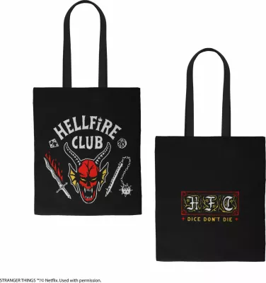 Çantë tote Cinereplicas Stranger Things Hellfire Club, 42×38 cm, 100% poliester, e zezë