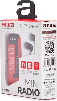 Radio xhepi AM/FM, Aiwa R-22, HyperBASS, tunim analog ETS, me kufje in-ear, e kuqe, set me bateri AAA