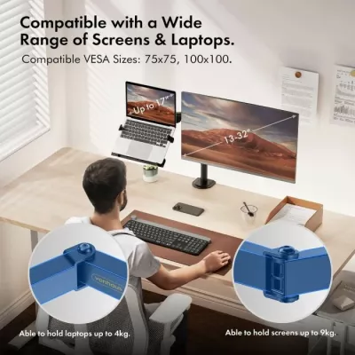 Mbajtëse dyfishe monitori dhe laptopi VONHAUS 3000114, për 2 monitorë 13-32\", montim me kapëse ose bazë, çelik, e zezë