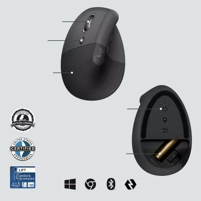Maus Logitech Lift Vertical Ergonomic për Biznes, Majtas, Dizajn Vertikal, RF Wireless + Bluetooth, 4000 DPI, Grafit