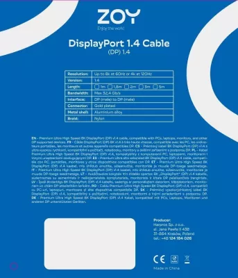 Kabllo DisplayPort ZOY ZCD3 3m DP 1.4 8K 60Hz 32.4Gb/s, gri