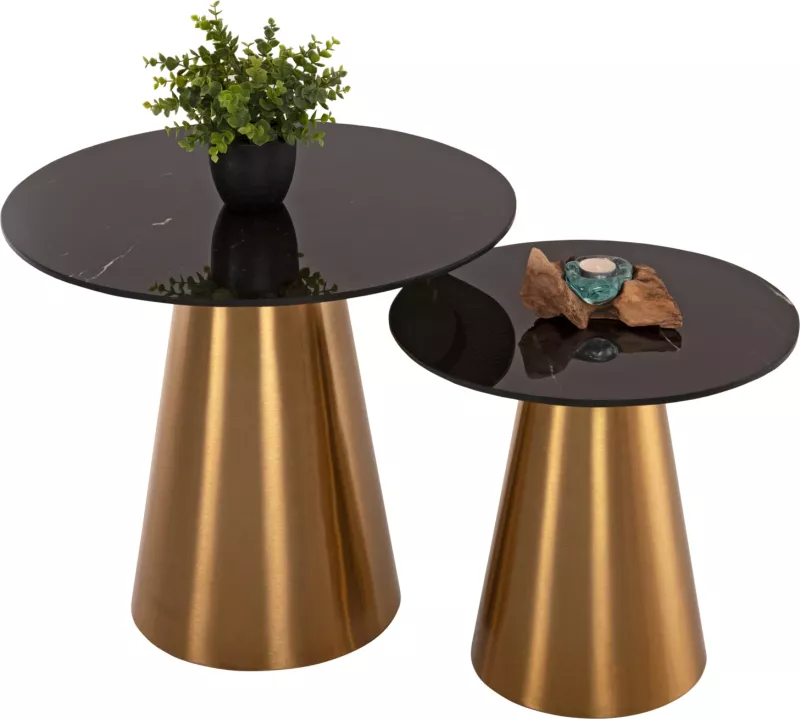 Tavolina anësore 2 copë RENGI FH9665 metal në ngjyrë ari-zi me sipërfaqe qeramike Φ56&Φ43 cm