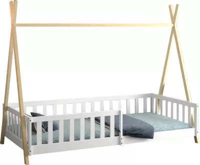 Krevat për fëmijë me parmakë, stil Montessori, dru pishe natyral-bardhë, FH739.03, për dyshek 190x90cm