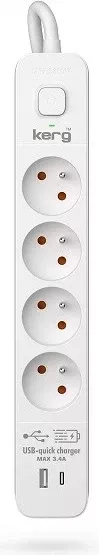 Shirit rryme KERG me ndërprerës qarku, 4 porta USBC+USBA, 16A, 3m, Bardhë