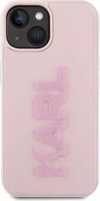 Mbështjellës Karl Lagerfeld 3D Rubber Glitter Logo për iPhone 15 Plus, rozë