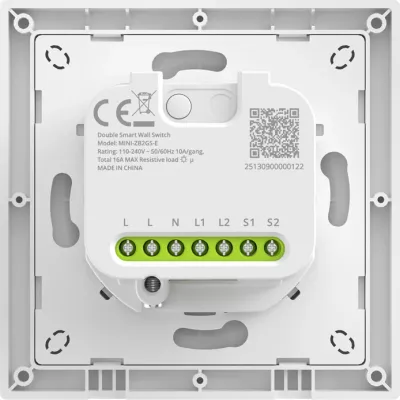 Switch muri ZigBee dy-kanalësh, Sonoff MINI-ZB2GS-E, router ZigBee 3.0, 110-240 V, 10 A/kanal 16 A total, i bardhë