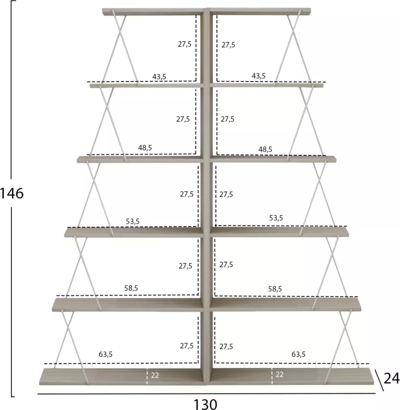 Raft librash 2 copë set, ngjyrë sonama, shufra metali të bardha, FH11772.11, 65x24x146 cm