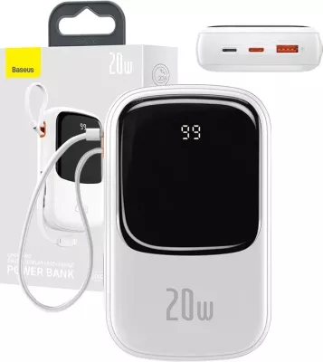 Powerbank Baseus Qpow PRO, 20000mAh, 20W, me kabllo Lightning, USB-C dhe USB, Bardhë