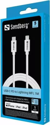 Kabllo karikimi USB-C në Lightning SANDBERG 136-58, 1 m, MFi, e bardhë