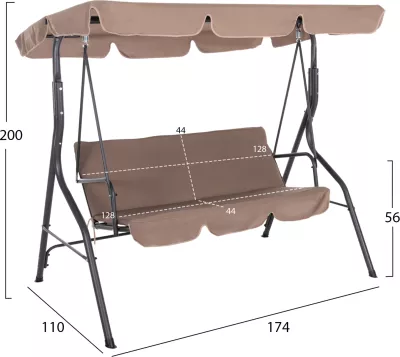 Luhatëse për verandë 3-vendëshe me mbrojtës dielli LIKID FH5979.02 metal gri - pëlhurë kafe 174x110x200Hcm