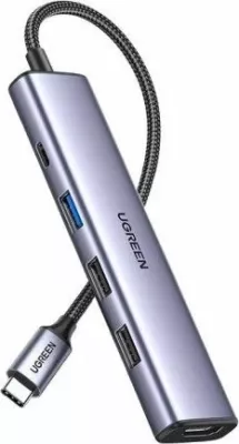 Hub USB Ugreen CM478 USB-C, 1x HDMI 4K@30Hz, 3x USB-A (1x 3.0 + 2x 2.0), PD 100W, 5 Gbps, gri/argjendtë
