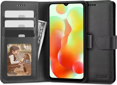 Mbështjellës portofol Tech-Protect për Xiaomi Redmi 12C, eko lëkurë, i zi