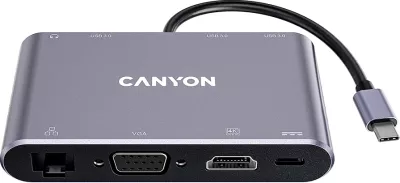Hub USB-C CANYON DS-14 8n1 4K HDMI/VGA LAN PD 100W, i hirtë e errët
