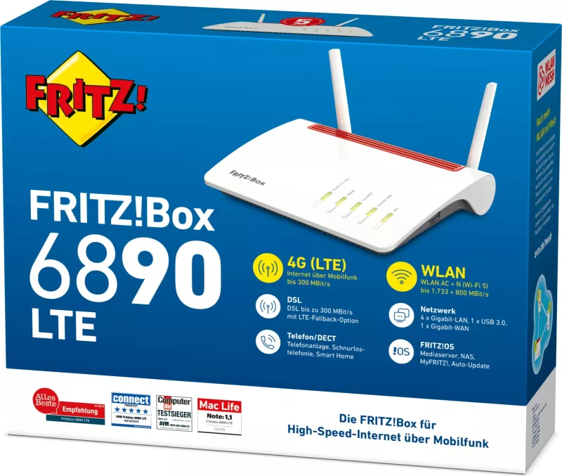 Router tavoline AVM FRITZ!Box 6890 LTE, Wi-Fi 5, Dual-band, Ethernet LAN, 3G, 4G, Zi, Kuq, Bardhë