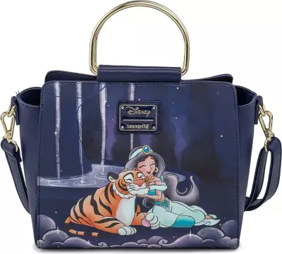 Çantë crossbody Loungefly Disney Jasmine Castle, lëkurë vegane PU, rrip i rregullueshëm i heqshëm, 24.8x21.5x10.8 cm, blu e errët