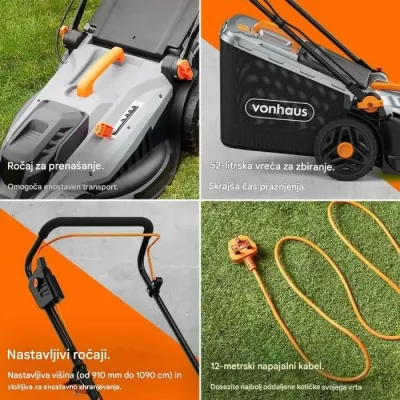 kositëse bari elektrike VONHAUS 3500359 1800W, gjerësi prerjeje 43 cm, thes 52 L, kabllo 12 m, mulching, gri/zezë me portokalli