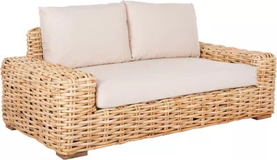 Divan i jashtëm 2-vendësh TROPEL FH9809 dru mango-rattan ngjyrë natyrale-jastëkë të bardhë 192x88x70-85Hcm