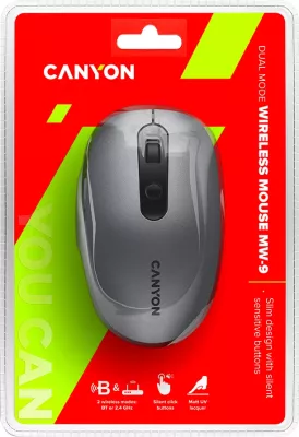 Maus CANYON MW-9 wireless dual-mode (Bluetooth/2.4GHz), 6 butona, DPI 800/1000/1200/1600, me receiver + 1x AA, Gri