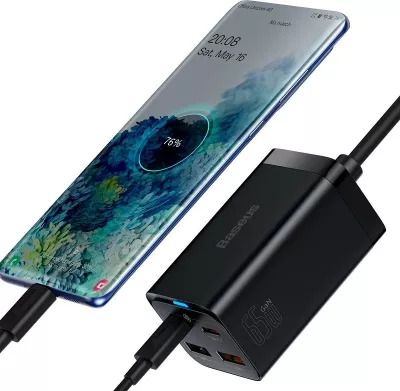 Karikues Baseus GaN3 Pro CCDK65E 65W 2x USB-C 2x USB-A me kabllo USB-C në USB-C 1m, i zi (CCGP040101)