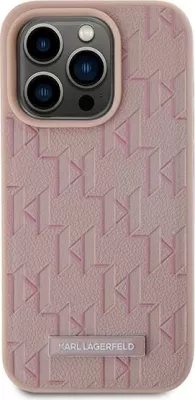 Mbështjellës Karl Lagerfeld Leather Monogram Metal Logo për iPhone 15 Pro Max, Rozë
