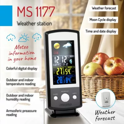 Stacion moti MESKO MS1177, ekran digjital me ngjyra, temperaturë & lagështi brenda/jashtë, parashikim moti, presion atmosferik, zi/argjendtë, set me 1 sensor të jashtëm