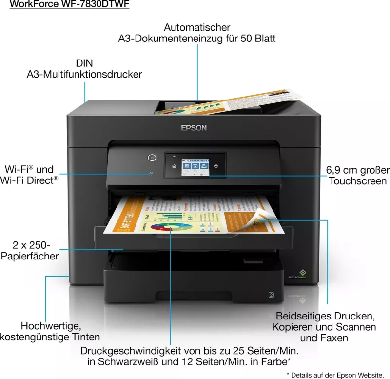 Printer multifunksional Epson WorkForce WF-7830DTWF, Inkjet, A3, Ngjyrë e zezë