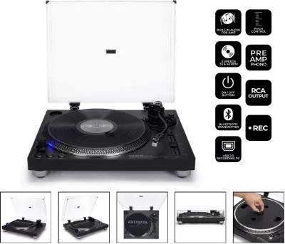 Gramafon Aiwa APX-1200BT/BK, Bluetooth 5.1, USB regjistrim, 12\" pjatë alumin, belt drive, zi