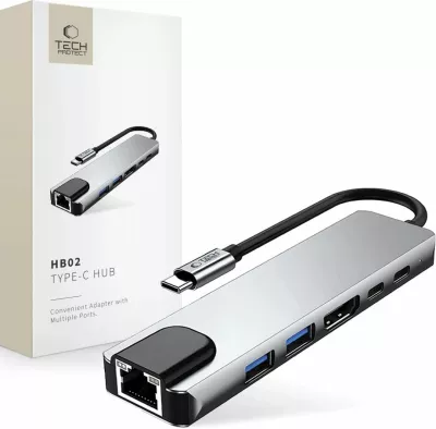 Adapter HUB Tech-Protect HB02 6in1, USB-C, USB 2.0, USB 3.0, HDMI 4K, RJ45, PD 100W, Gri