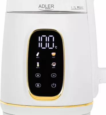 Çajnik elektrik ADLER AD 1305 WG 1.7L me kontroll temperature, ekran LED, prekje (touch), i bardhë/transparent me detaje ari