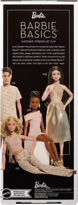 Kukull Barbie Mattel Signature Basics Model 09 JJX28, me qëndrim dhe certifikatë, bezhë/ari