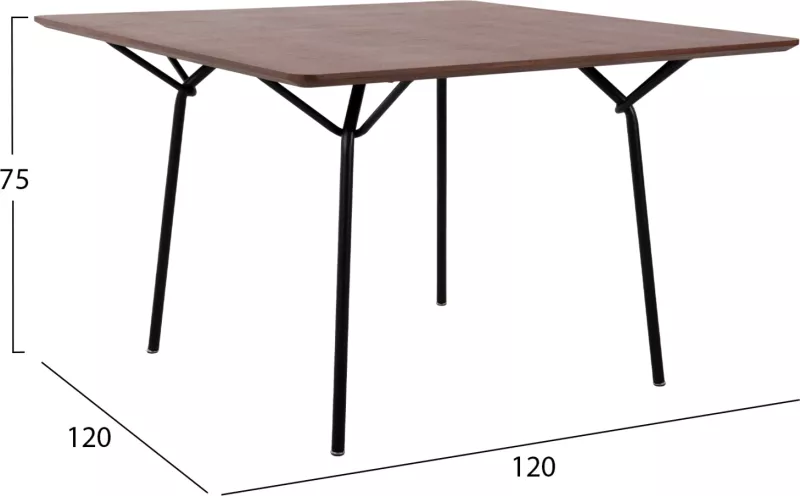 Tavolinë katrore për ngrënie TRENK, MDF me furnir lisi në ngjyrë arre, këmbë metalike të zeza, 120x120x75H cm