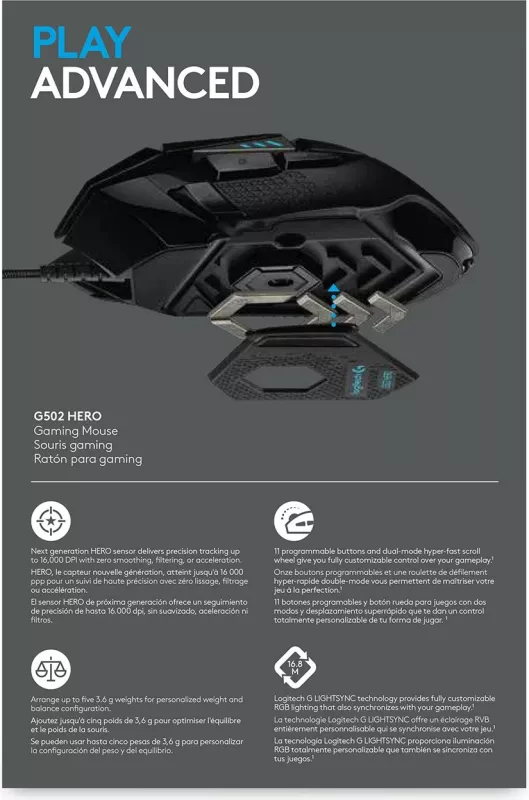 Maus Logitech G G502 HERO, 25600 DPI, USB, i zi