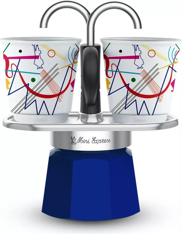 Moka pot Bialetti Mini Express, 2 filxhana, alumini, blu, argjend