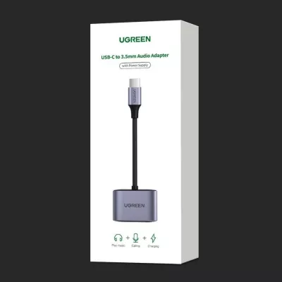Adapter AV Ugreen CM231 USB-C në 3.5mm + USB-C, PD/QC 30W, gri