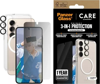 Mbështjellës PanzerGlass CARE 3in1 me xham privatësie dhe mbrojtës lente për Samsung Galaxy S25+, Transparent