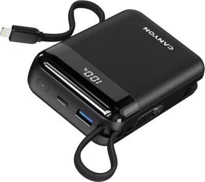 Power bank CANYON OnPower 204 20000 mAh 22.5 W, kabllo e integrume USB-C/Lightning, e zezë