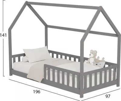 Krevat për fëmijë me gardh PHYLLIS FH679.05 t.MONTESSORI dru pishe i fortë ngjyrë gri - 190x90cm