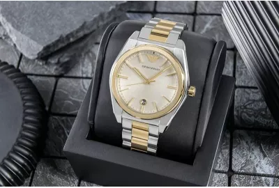 Orë dore meshkujsh Emporio Armani Federico AR11716, argjend dhe ar, me kuti